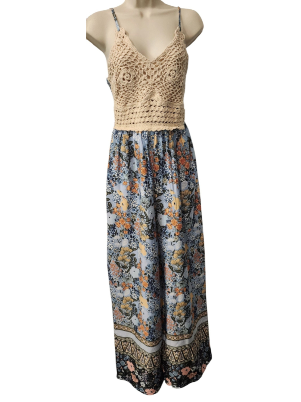 B.O.G. Collective Boho Floral Crochet Wide-Leg Maxi Jumpsuit Romper Beige Lace M
